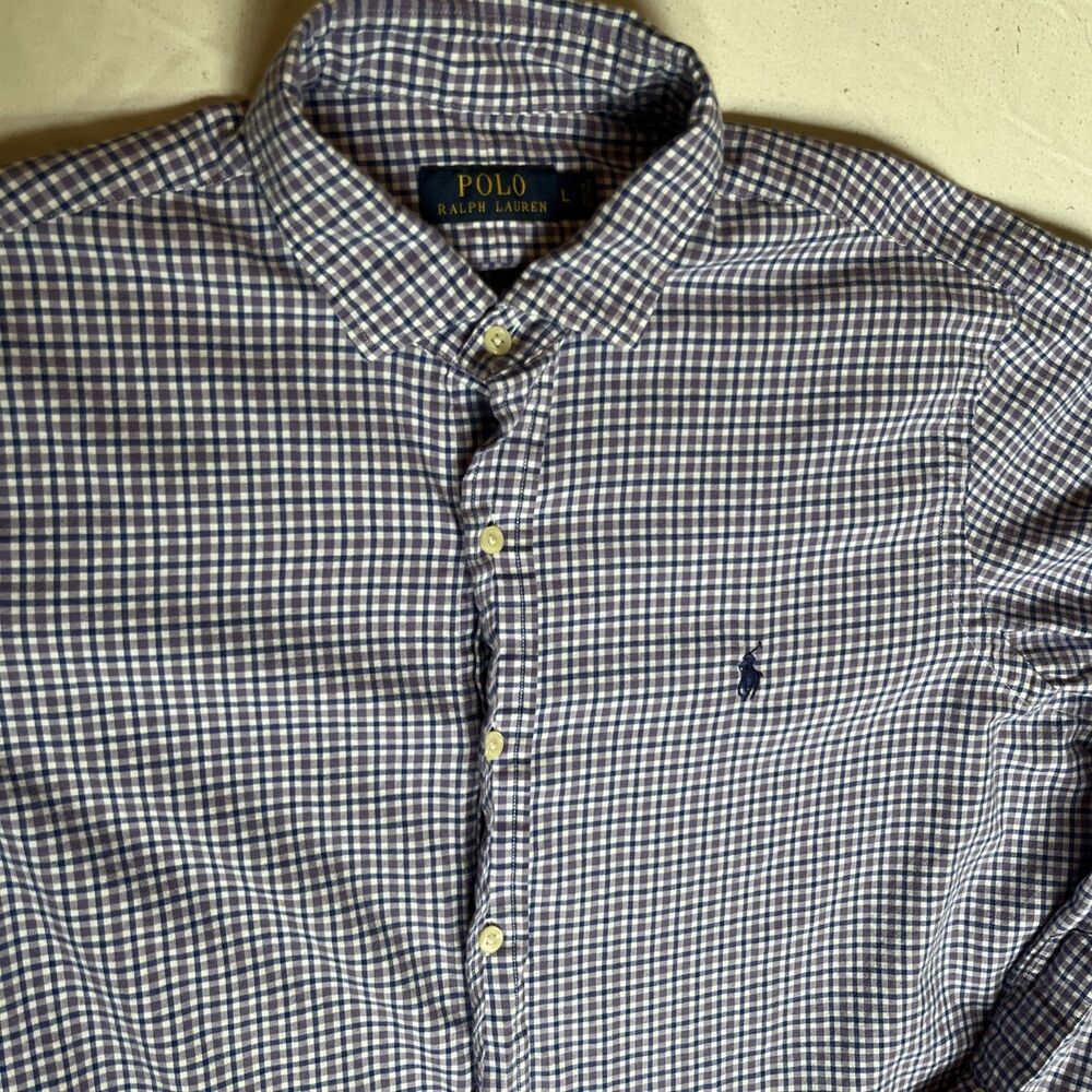 Ralph Lauren Mens Slim Fit Plaid Button Down Shirt Size L Large Blue Preppy Pony